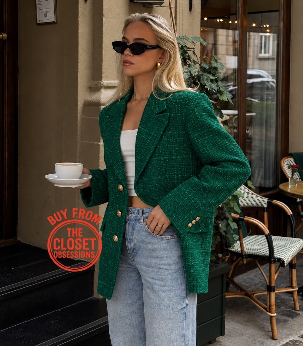 Zara NWT Green Textured Tweed Gold Button Blazer S